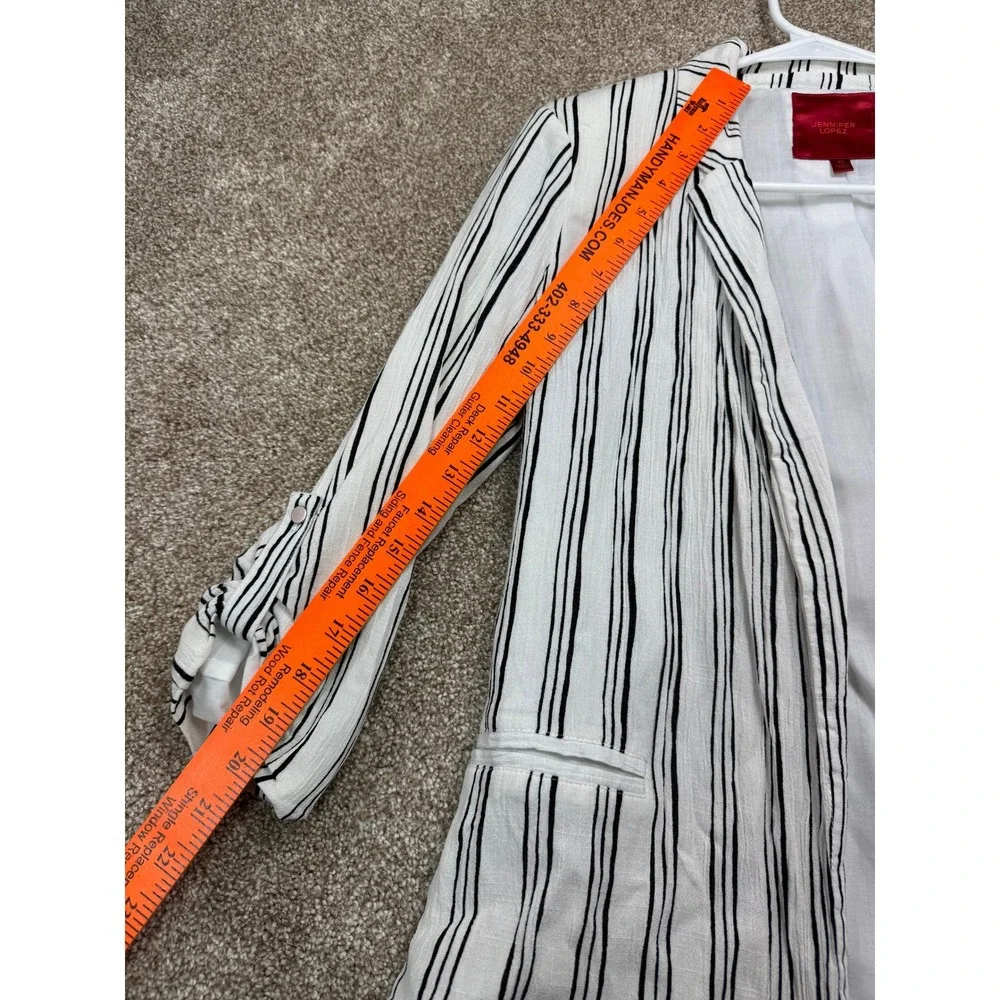 Jennifer Lopez Womens XS White Black Striped Open Front Roll‎ Tab Sleeve Blazer